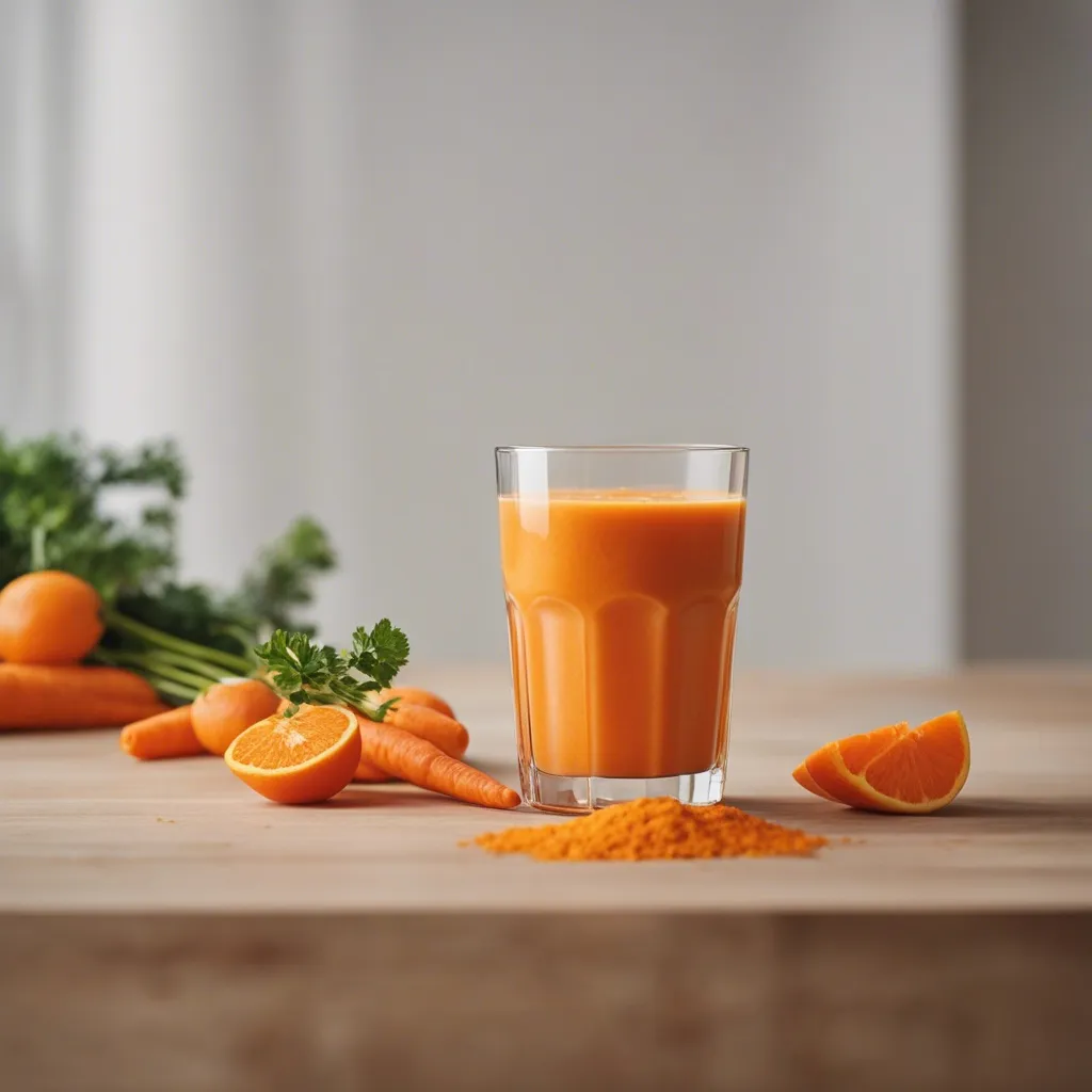 A vibrant carrot orange smoothie in a simple glass, with whole carrots, orange slices, and a pile of ground turmeric on a wooden surface