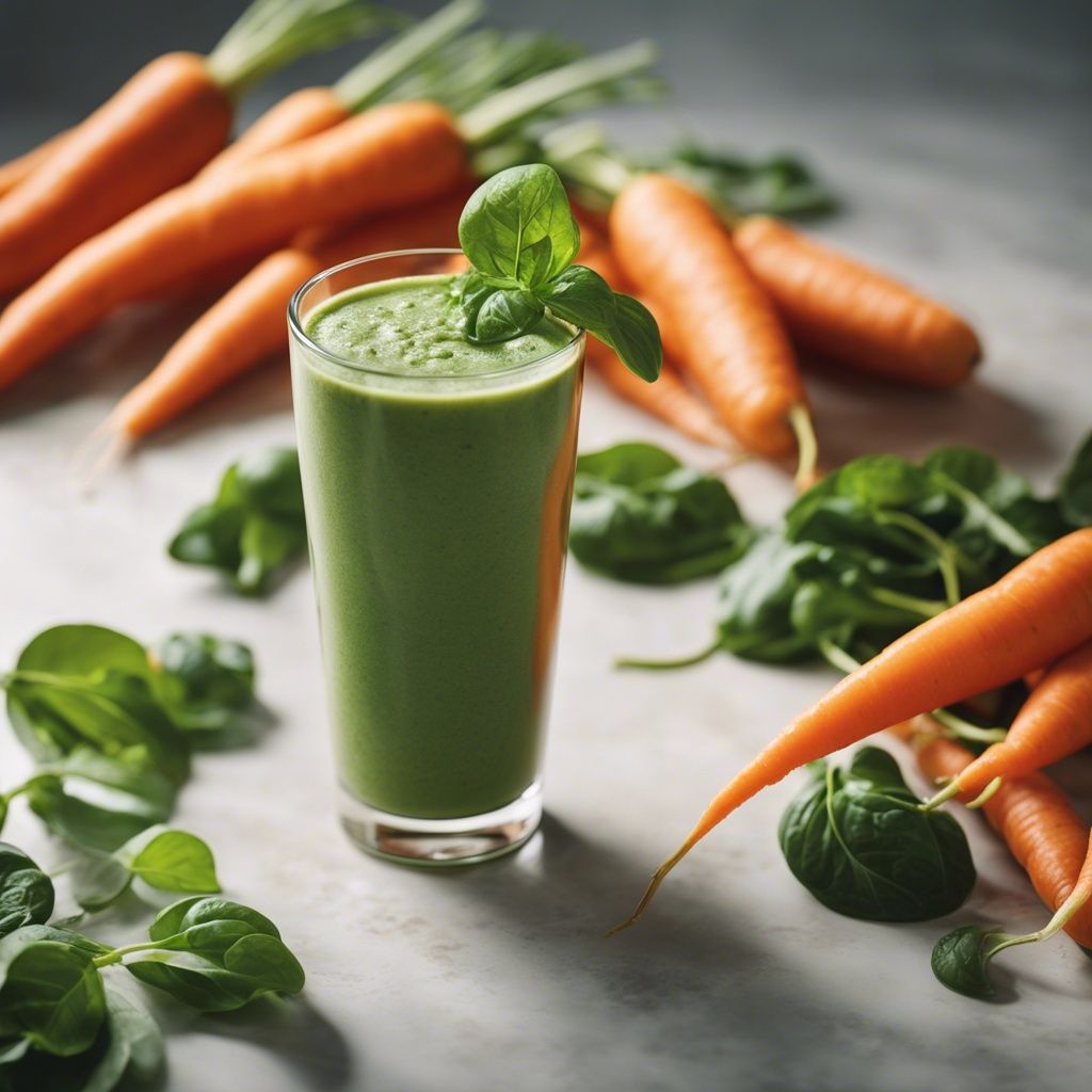 A vibrant green carrot spinach smoothie garnished with a sprig of basil and a lime wedge, surrounded by fresh carrots and spinach leaves