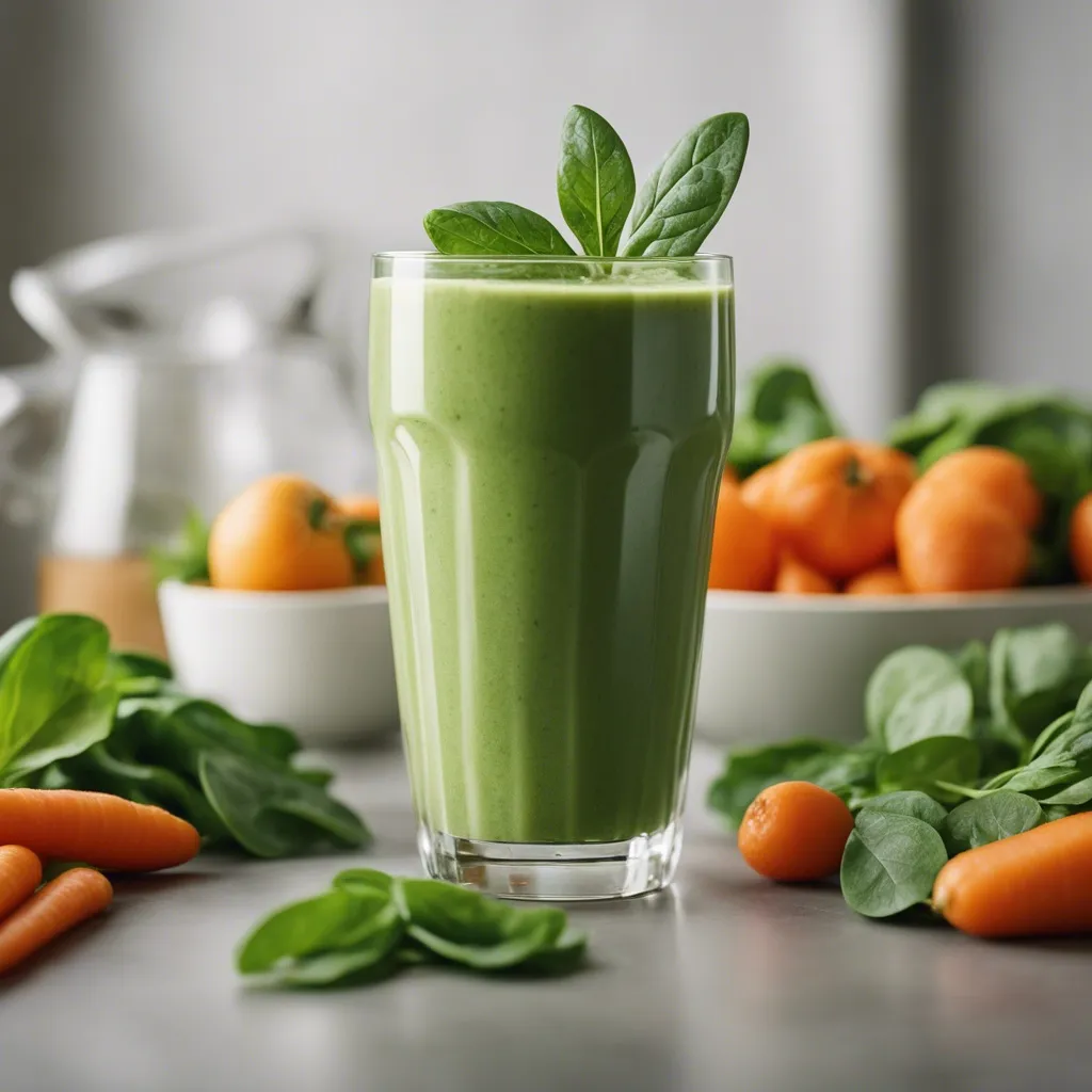 Creamy carrot spinach smoothie in a tall glass topped with a basil leaf, with carrots, spinach, and citrus fruits in the background