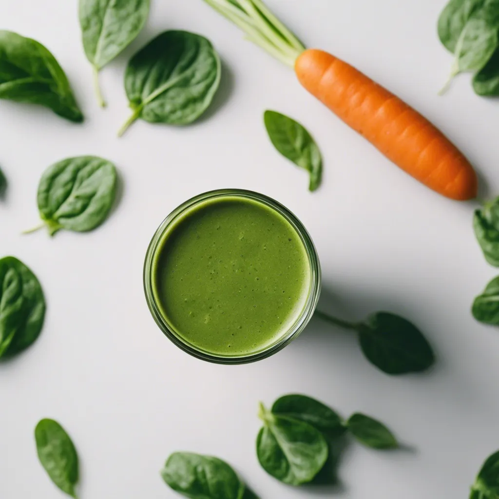 Top view of a glass filled with carrot spinach smoothie on a white surface, encircled by spinach leaves and a single carrot