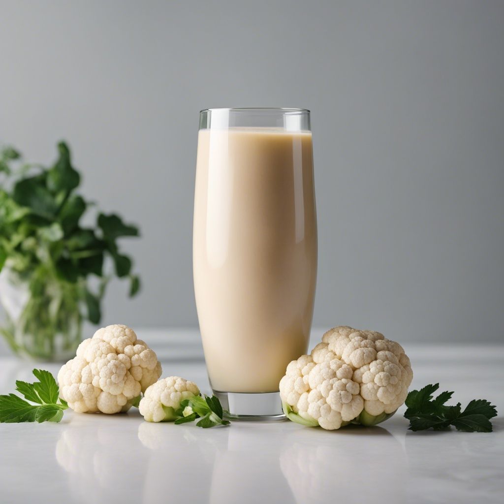 A smooth cauliflower smoothie in a tall glass, with whole cauliflower heads and parsley leaves around it on a light background