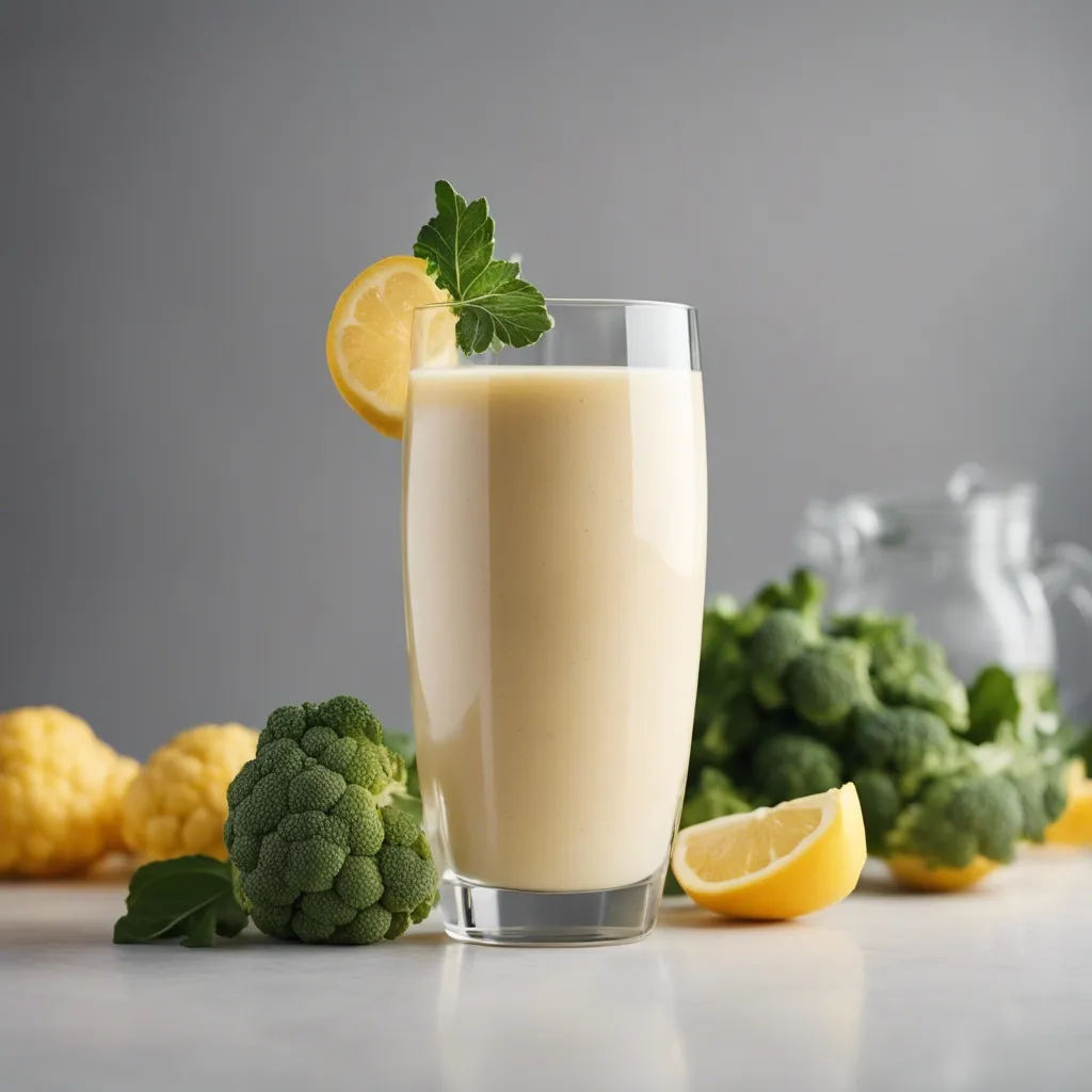 A creamy cauliflower smoothie garnished with a lemon slice and mint leaf, with broccoli and cauliflower florets in the background