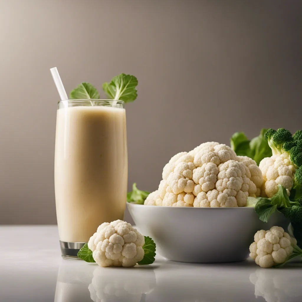 A cauliflower smoothie in a glass with a white straw, next to a bowl of cauliflower and broccoli florets on a reflective surface