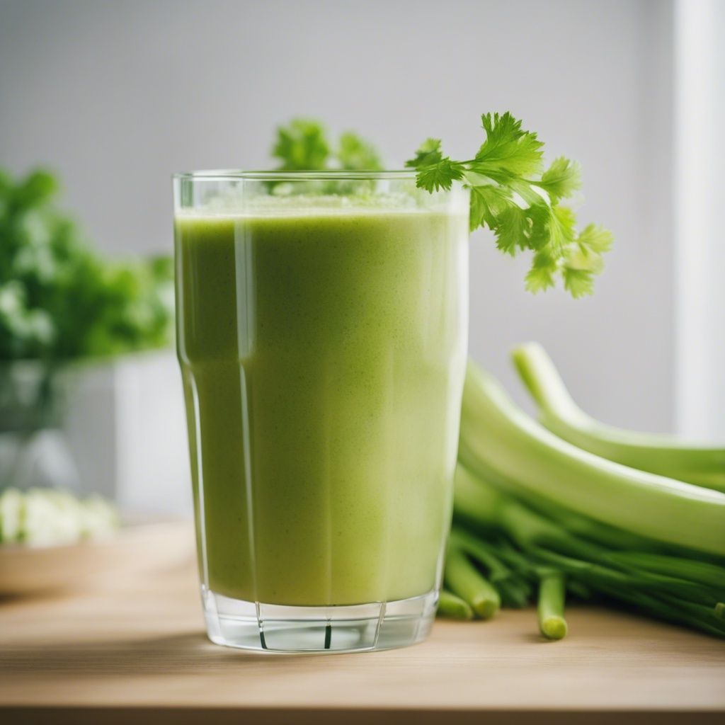 A vibrant glass of celery smoothie topped with a few celery leaves and celery stalks in the background of the photo.