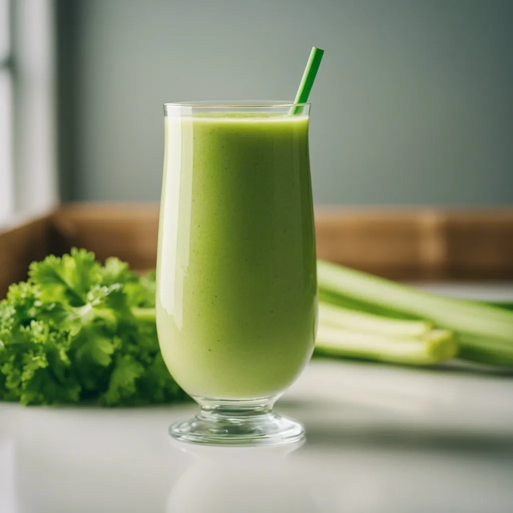 A tall glass of celery smoothie with a green straw in the glasss celery in the background of the photo.