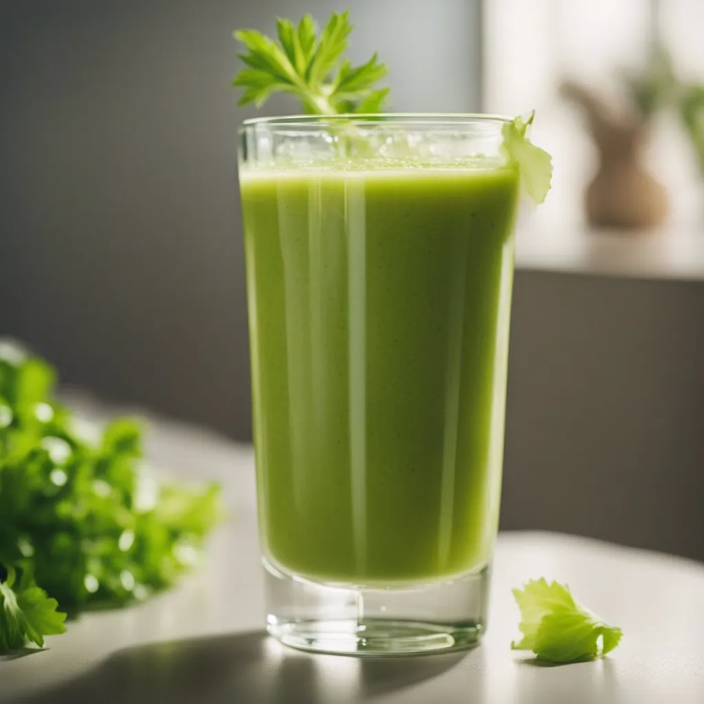 A tall glass of celery smoothie garnished with celery leaves with a bunch of celery leaves in the background.