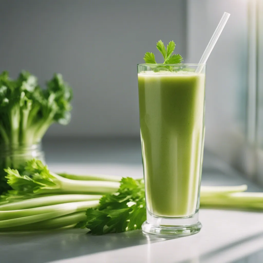 A tall glass of celery smoothie garnished with celery leaves and a transparent straw in the glass with stalks of celery in the background.