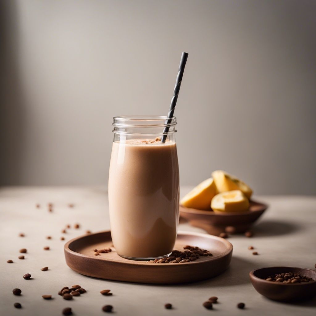 A jar glass of chai smoothie with a black straw, sprinkled with spices on top, on a wooden tray with coffee beans scattered around and slices of banana in the background.