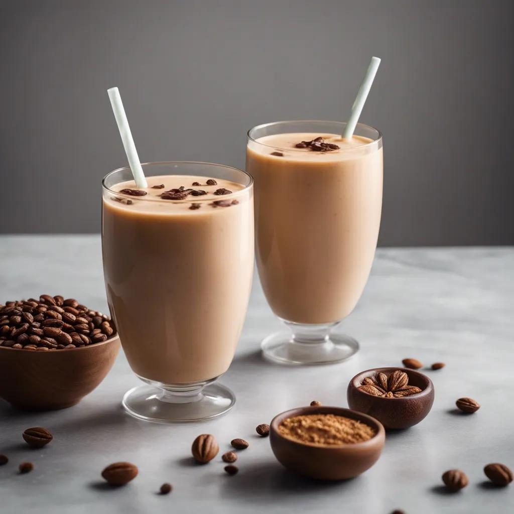 Two tall glasses of chai smoothie with straws, topped with coffee beans, alongside bowls of coffee beans and ground spices on a grey surface.