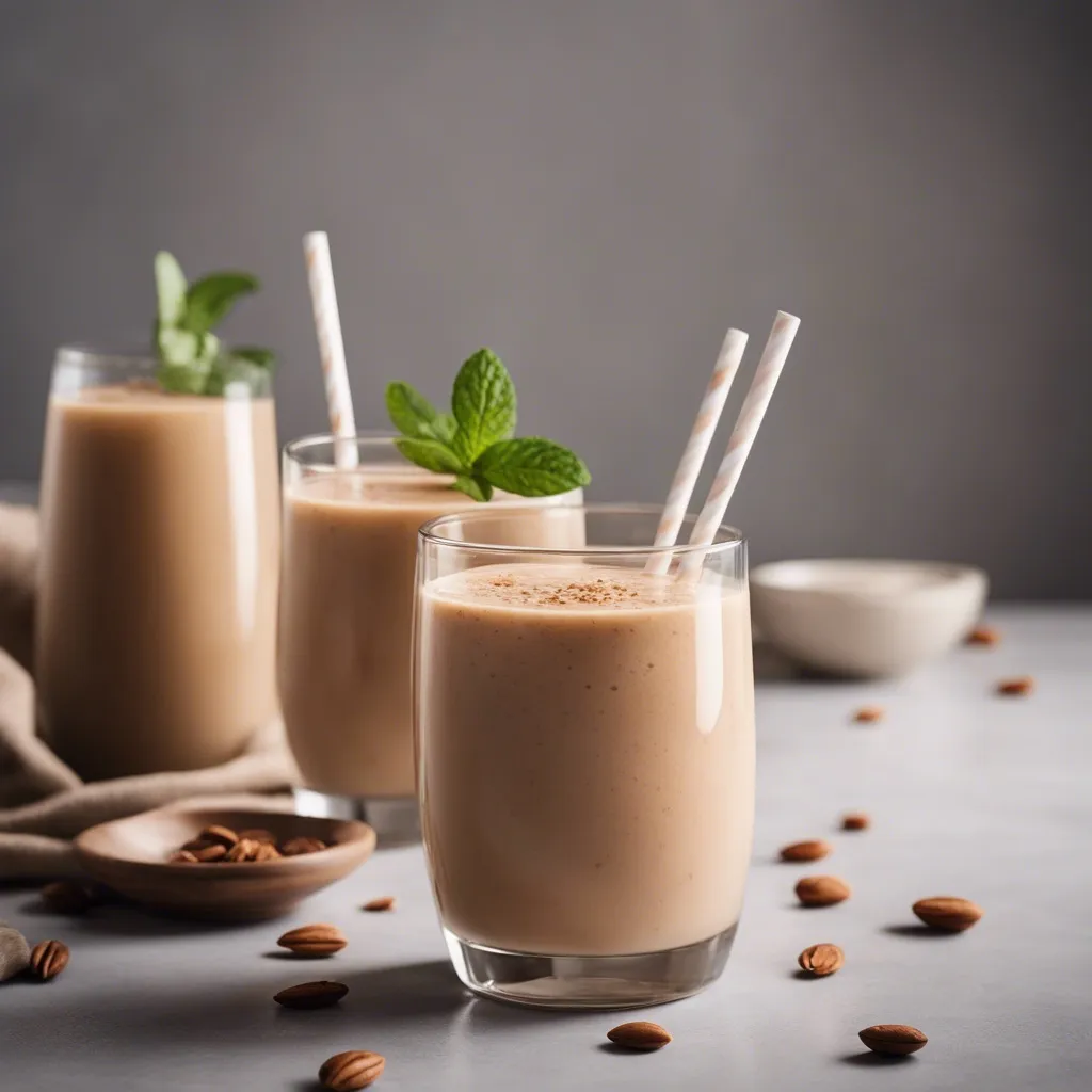 Three glasses of chai smoothie with straws, decorated with mint leaves, next to almonds and a bowl of spices on a textured grey surface.