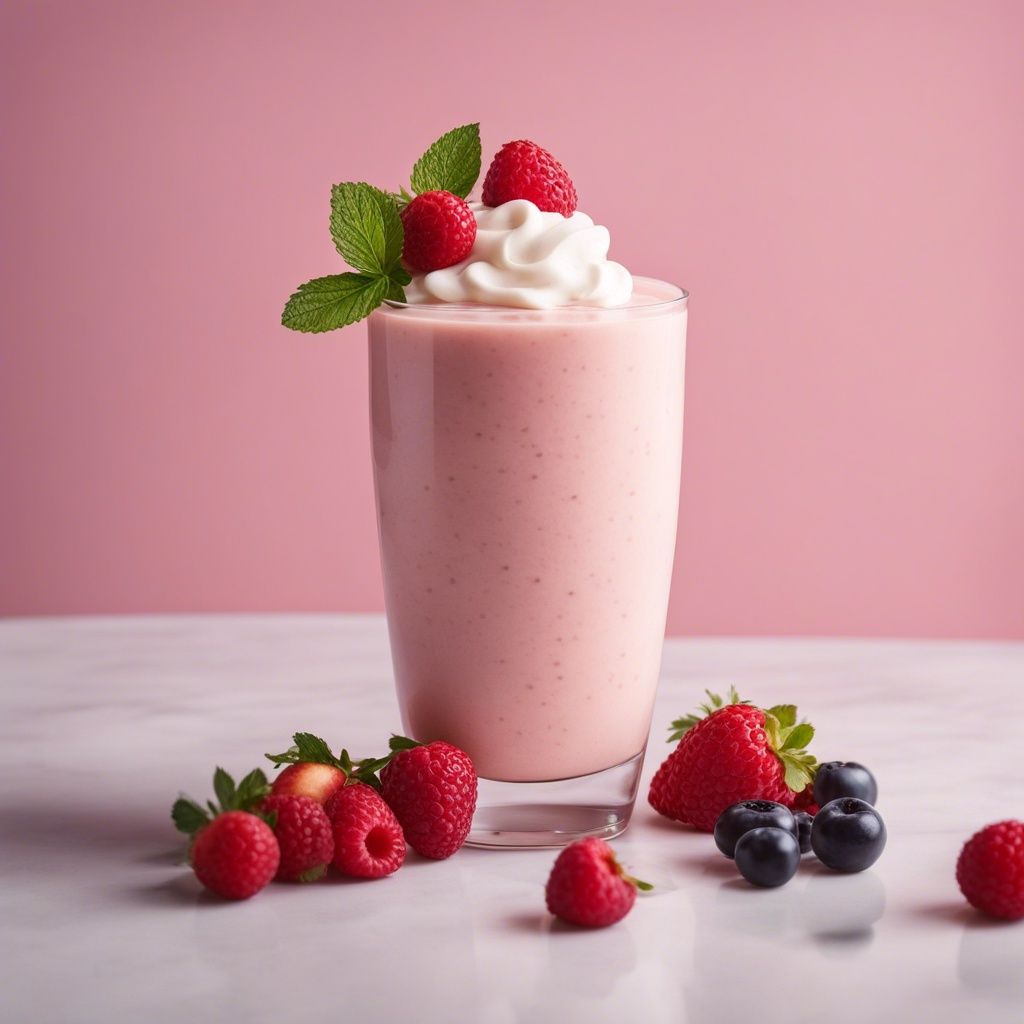 Creamy cheesecake smoothie topped with whipped cream and fresh raspberries, mint leaf garnish, with more berries scattered around