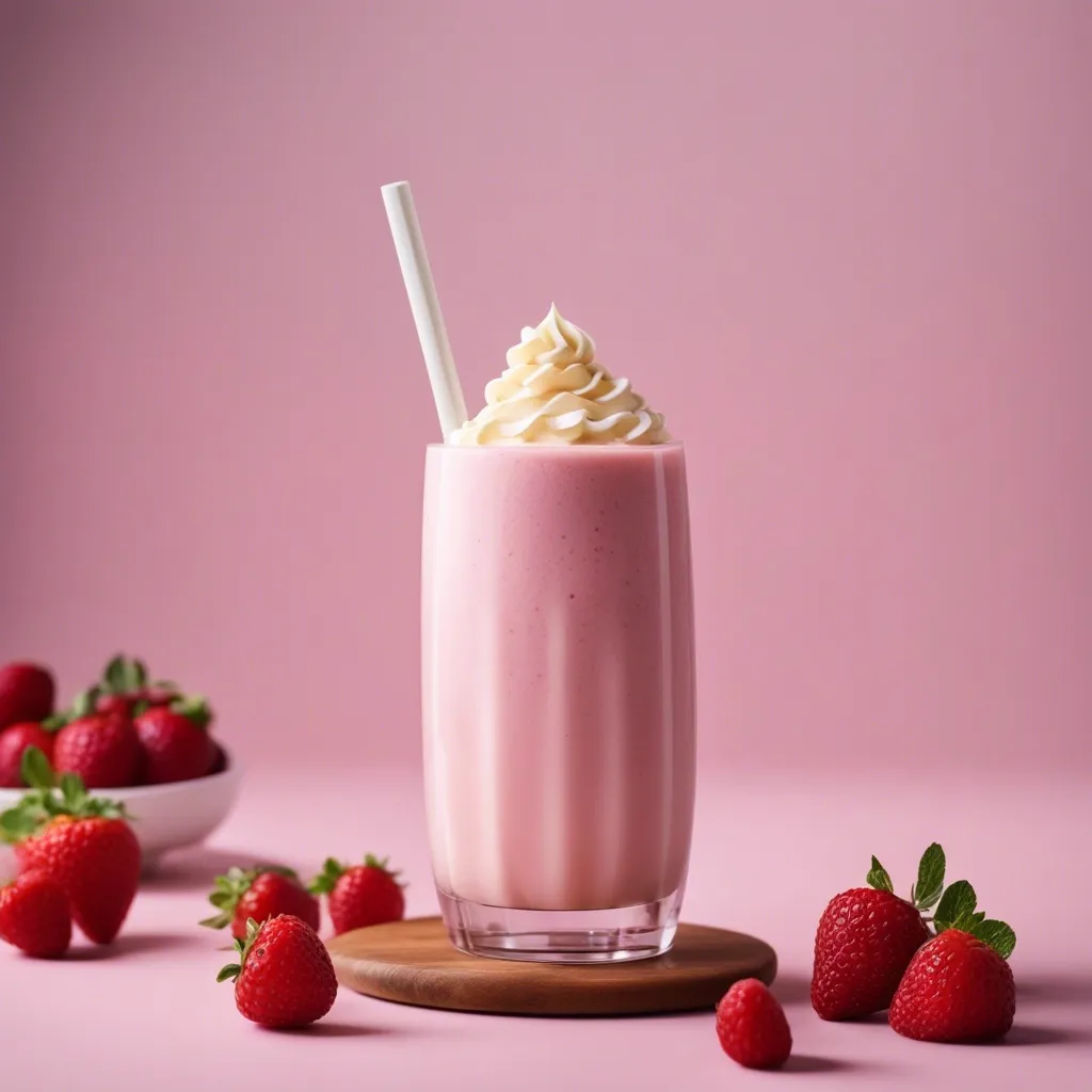 Strawberry cheesecake smoothie in a glass with a whipped cream top, a straw, and surrounded by fresh strawberries on a wooden board