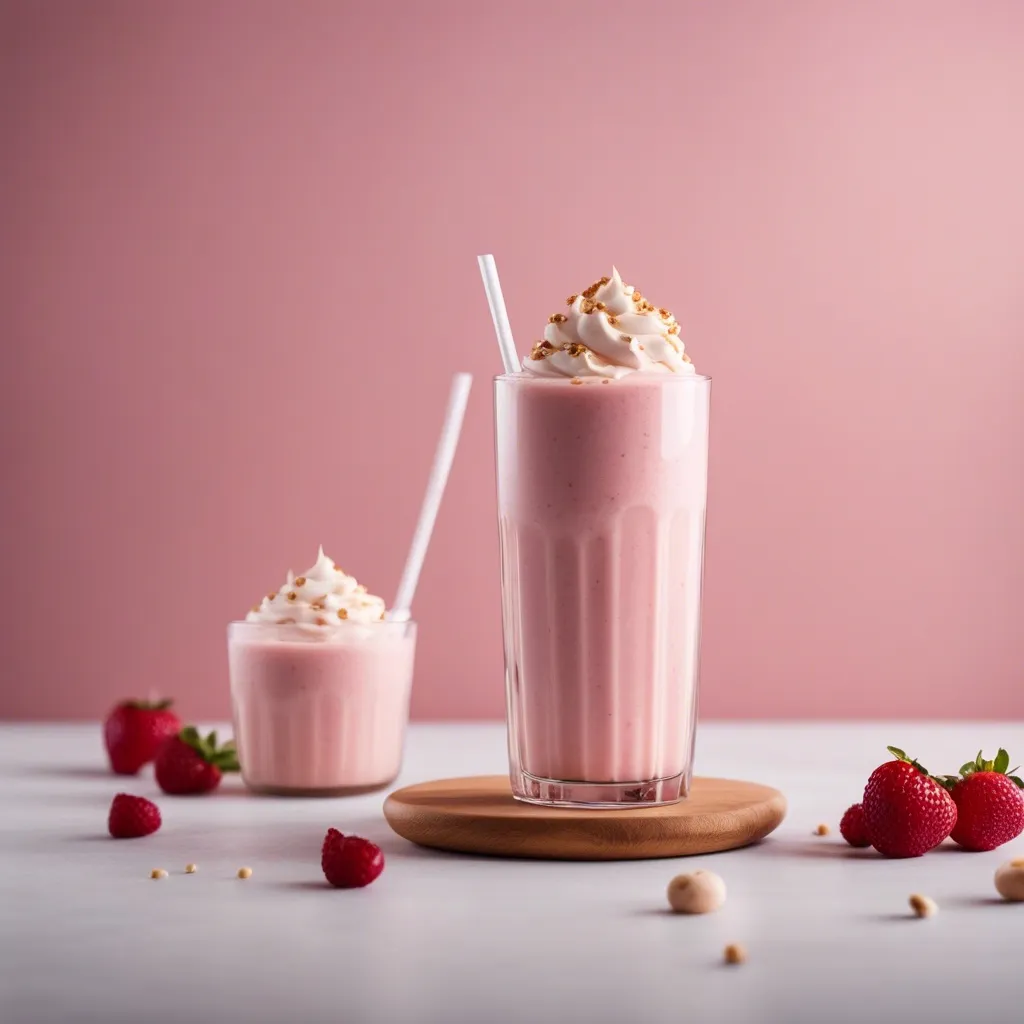 Pink cheesecake smoothie in a tall glass topped with whipped cream and sprinkled nuts, with fresh berries and a small filled glass on the side