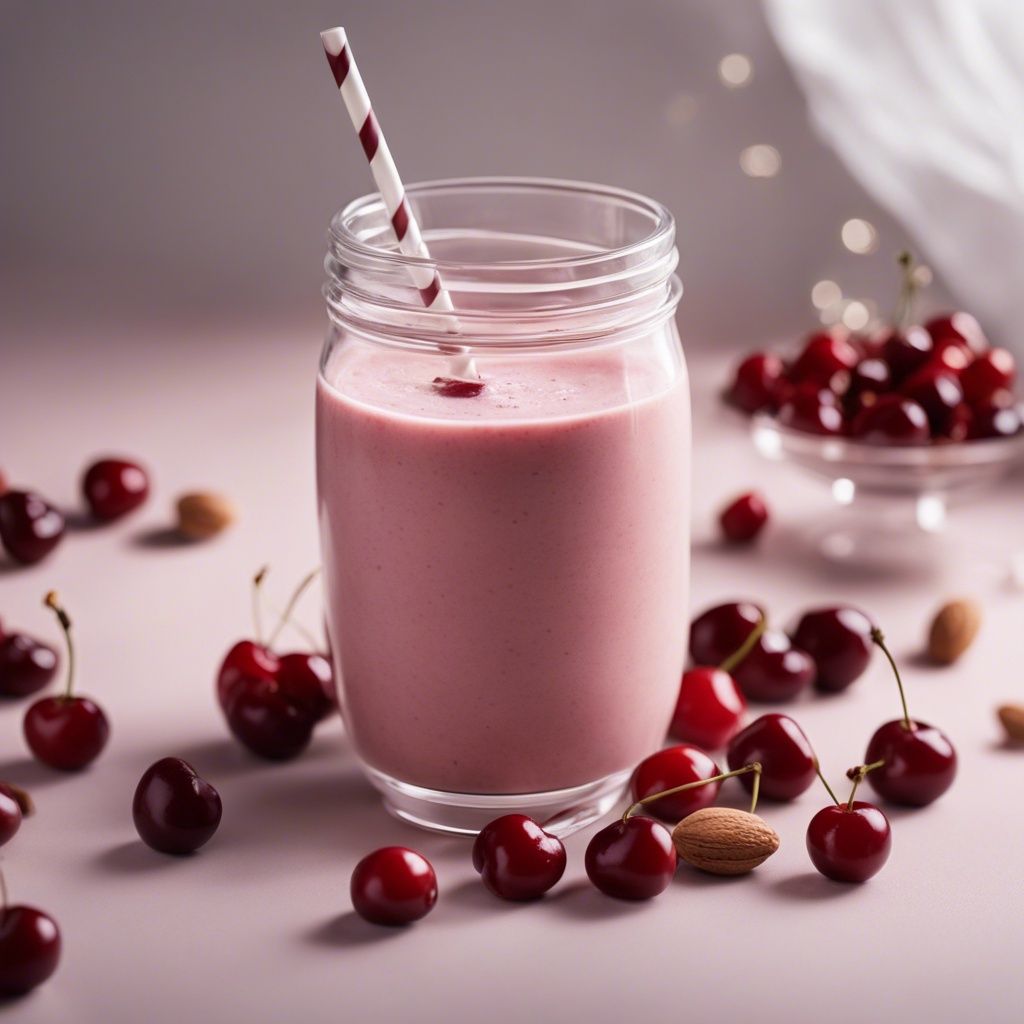 Blended cherry almond smoothie in a mason jar with a red and white straw, surrounded by scattered cherries and almonds on a pink surface.