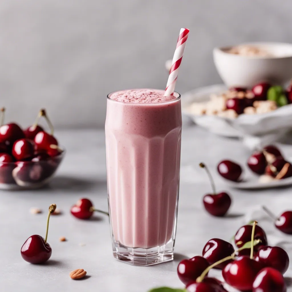 Thick cherry almond smoothie served in a tall glass with a red and white striped straw, with fresh cherries and a bowl of cereal in the background.