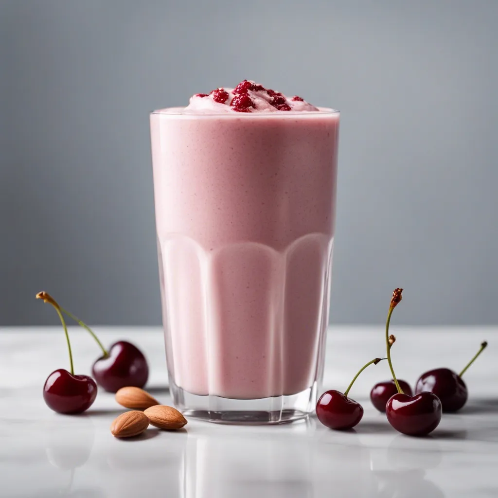 Frothy cherry almond smoothie topped with crushed berries, in a glass garnished with cherries and almonds on a reflective surface.