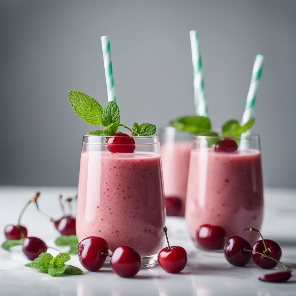 A cherry banana smoothie in a clear glass, adorned with a sprig of mint and a cherry on top, with a striped straw inserted, surrounded by scattered cherries on a light surface with two more glasses in the background.