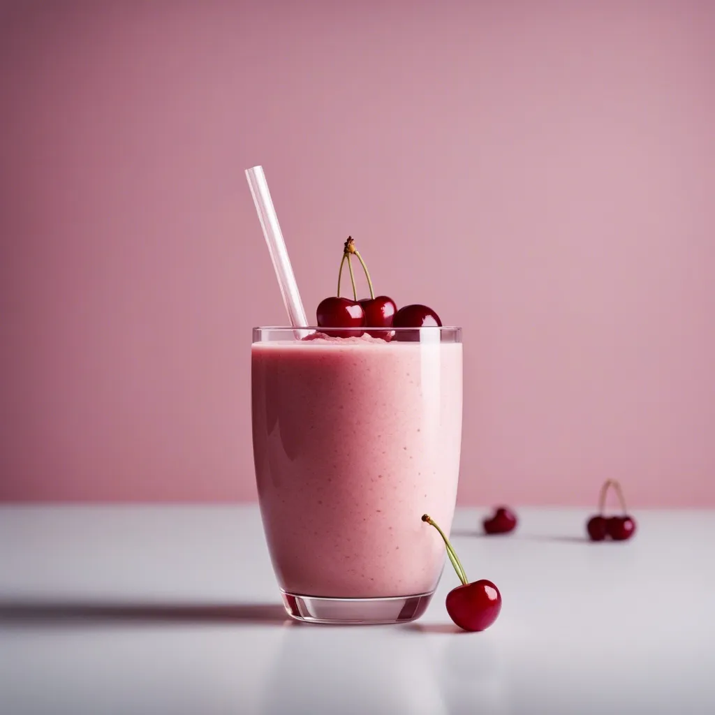 A minimalist presentation of a cherry banana smoothie in a clear glass with cherries on top, a white straw inserted, set against a pink background with a few cherries placed around the glass.