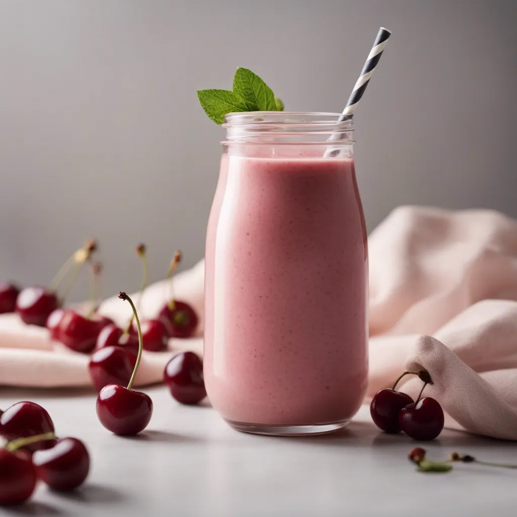 A rustic scene featuring a cherry banana smoothie in a mason jar with a black and white striped straw, garnished with mint, and with cherries and a cloth napkin spread around on a wooden surface.