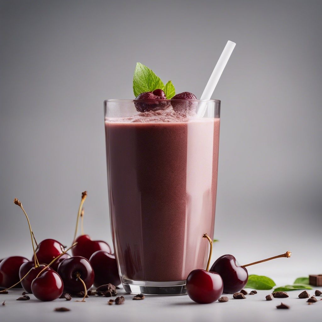 A cherry chocolate smoothie in a glass, garnished with mint leaves and cherries, with a white straw, and more cherries and chocolate nibs on the side