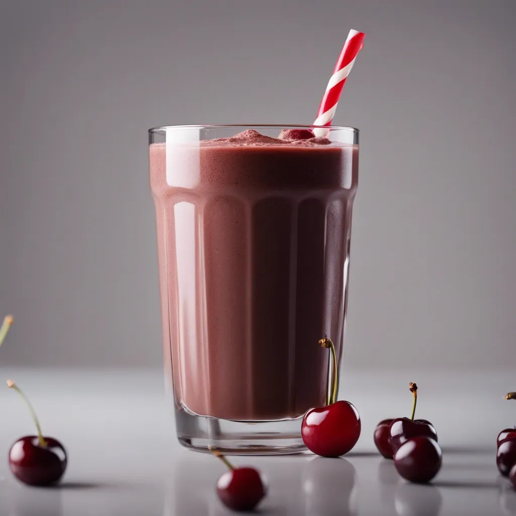 A rich cherry chocolate smoothie in a glass with a red and white striped straw, with fresh cherries scattered around on a light background