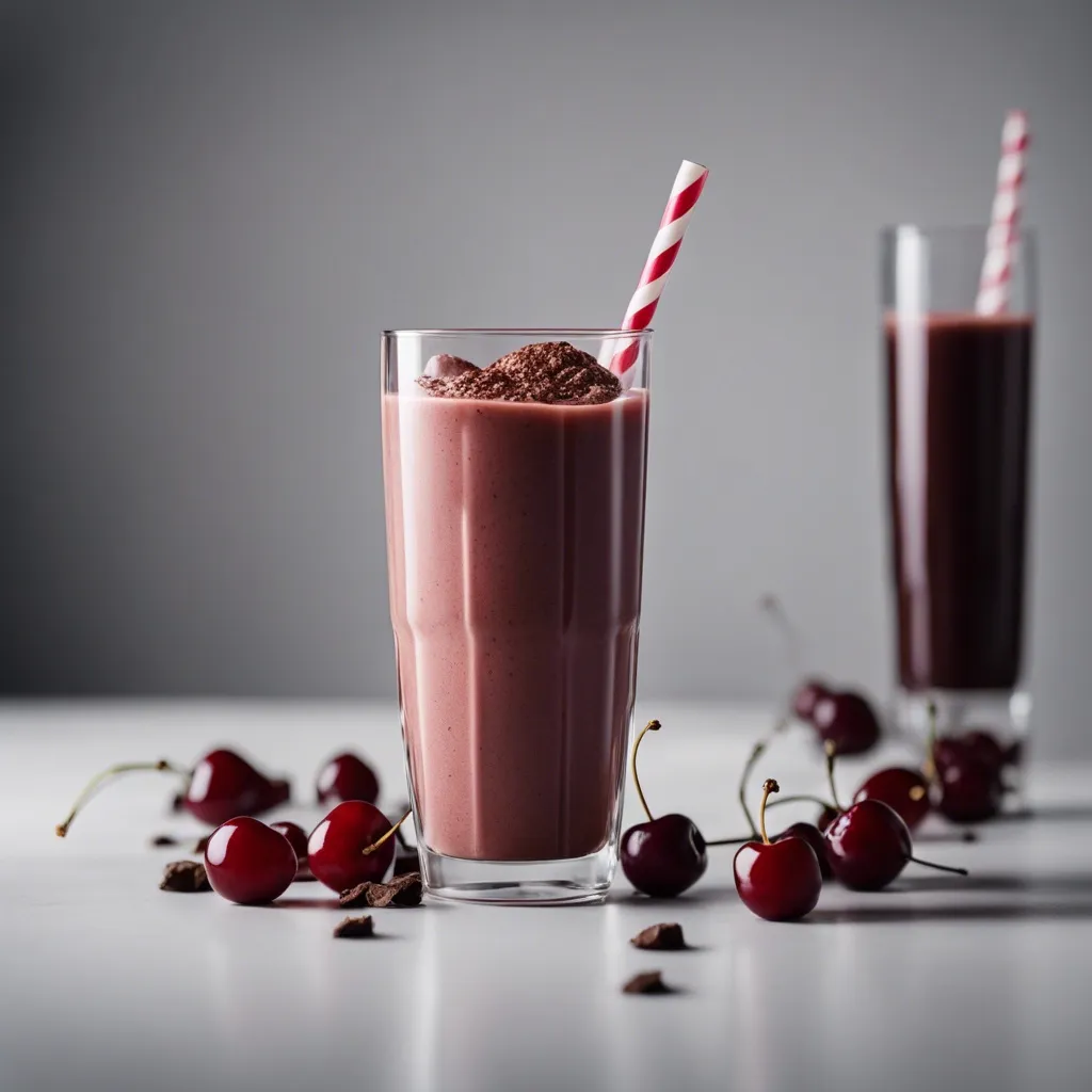 Two glasses of cherry chocolate smoothie, one in the foreground with a dusting of chocolate and a striped straw, with cherries and chocolate pieces nearby