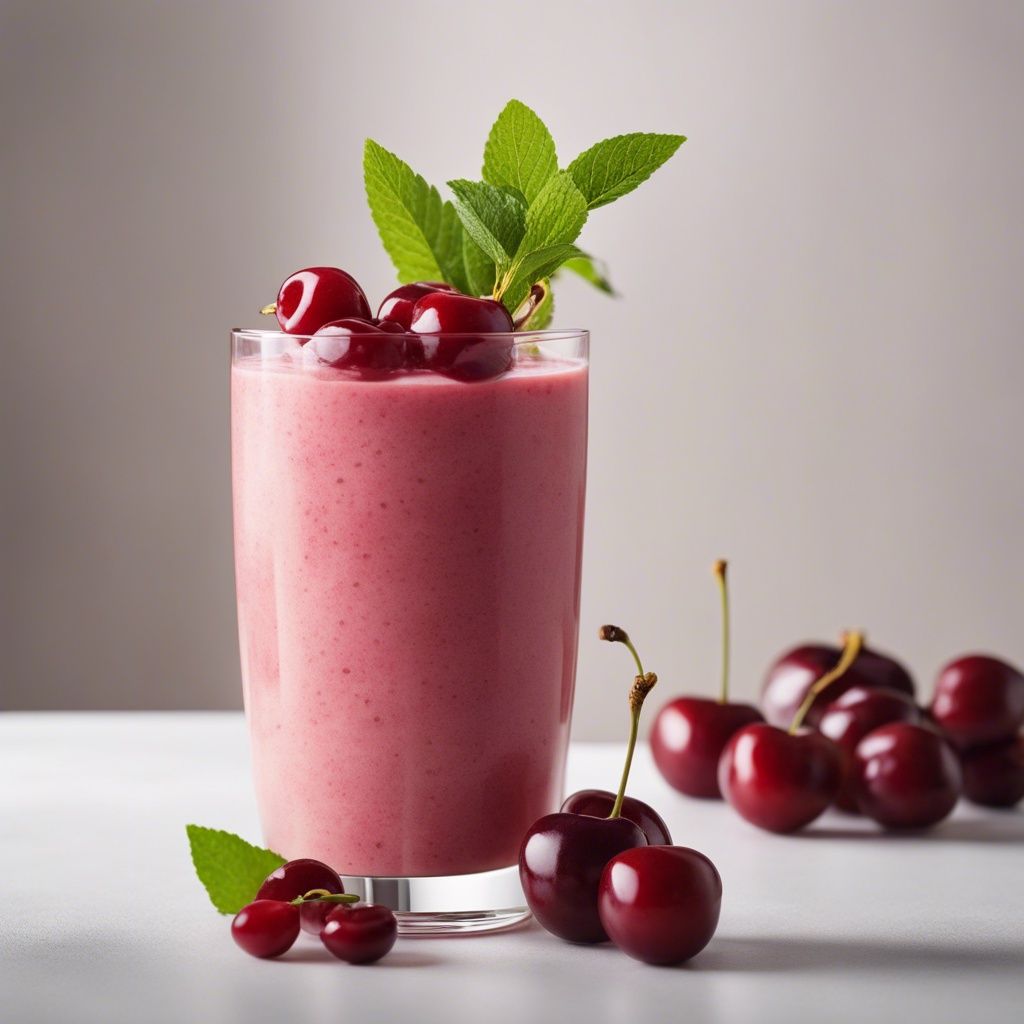 A glass of Cherry Mango Smoothie topped with fresh cherries and mint leaves, with more cherries scattered around on the table.