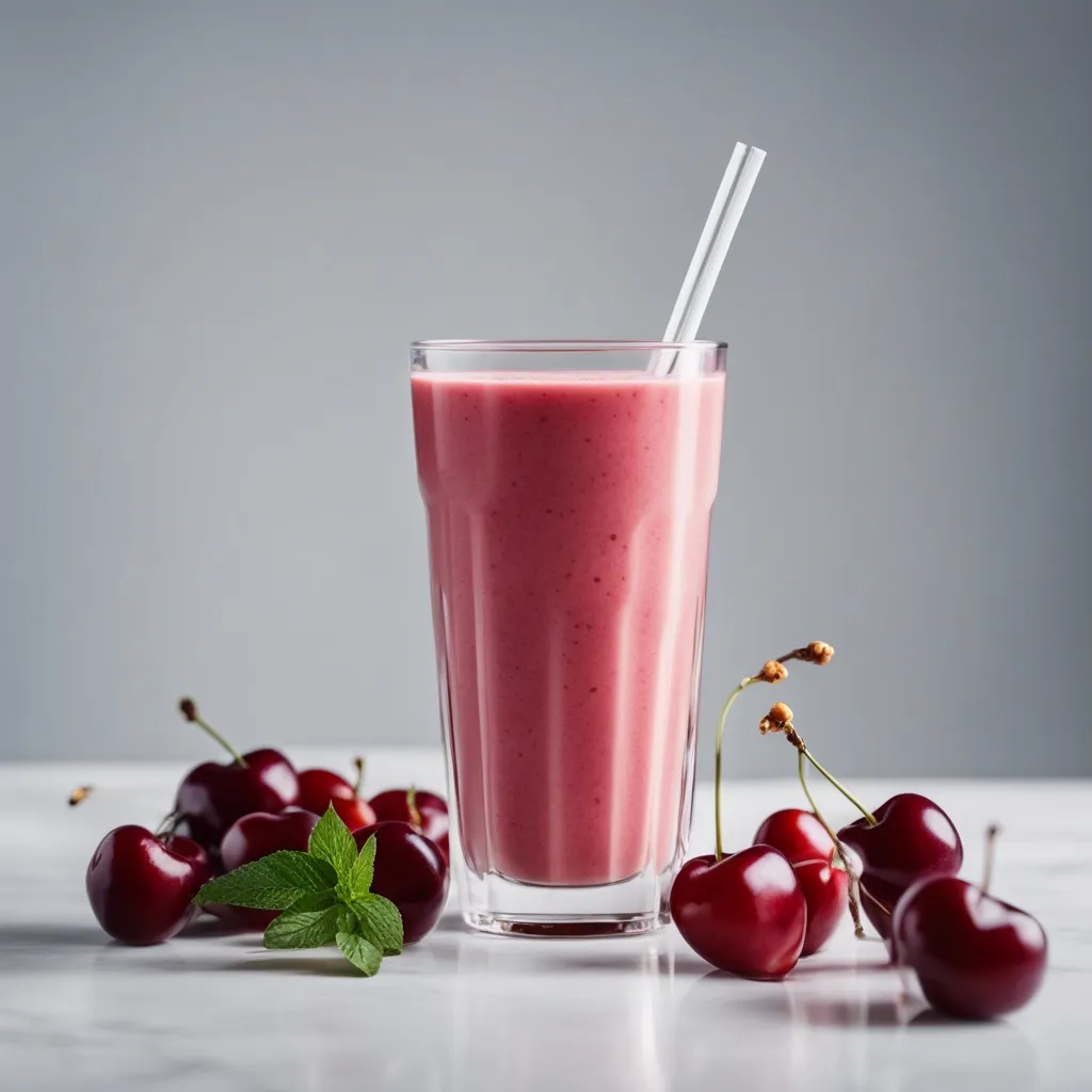 A tall glass of Cherry Mango Smoothie with a white straw, fresh cherries, and mint leaves on the side on a marbled countertop.