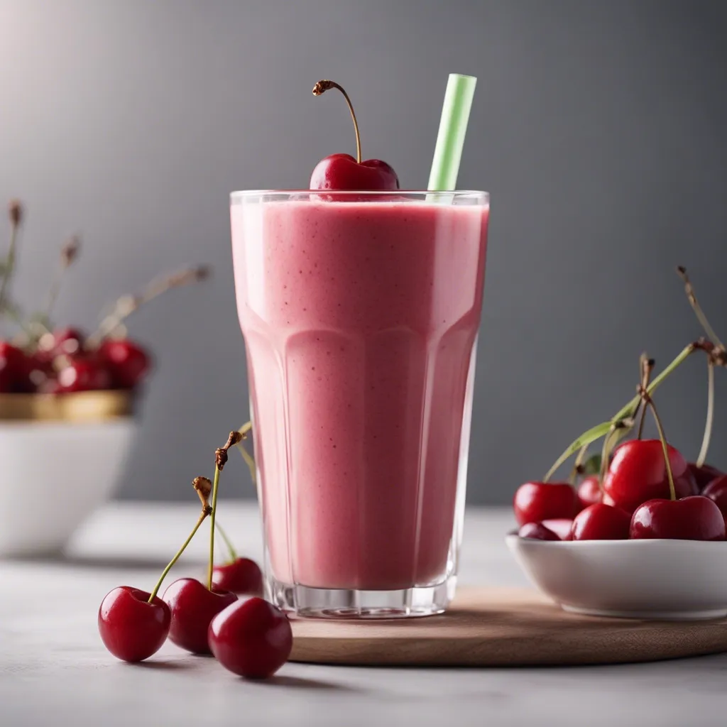 A tall glass of Cherry Mango Smoothie with a green straw, garnished with a cherry on top, and surrounded by bowls of cherries on a wooden surface.