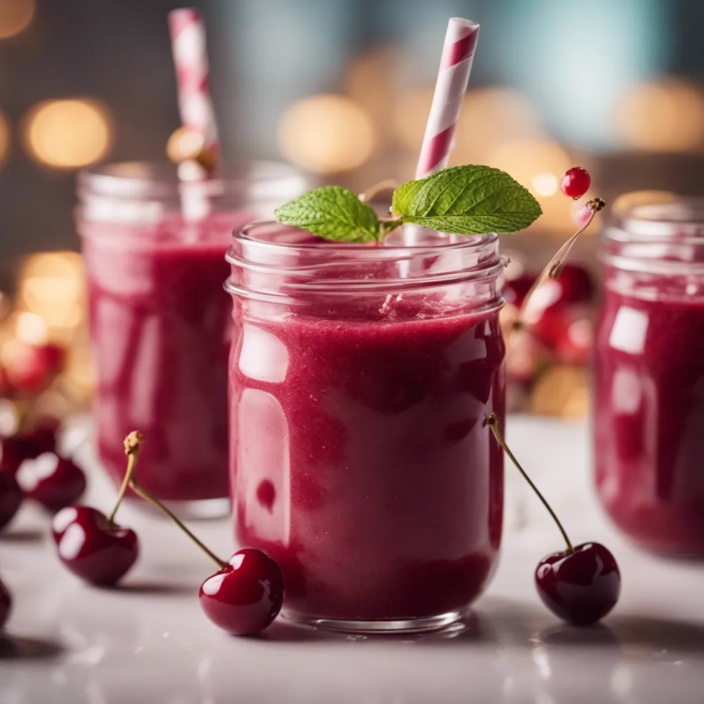 Beautiful glasses of vibrant cherry smoothies topped with cherries and garnished with mint leaves, and surrounded by beautiful fresh cherries.