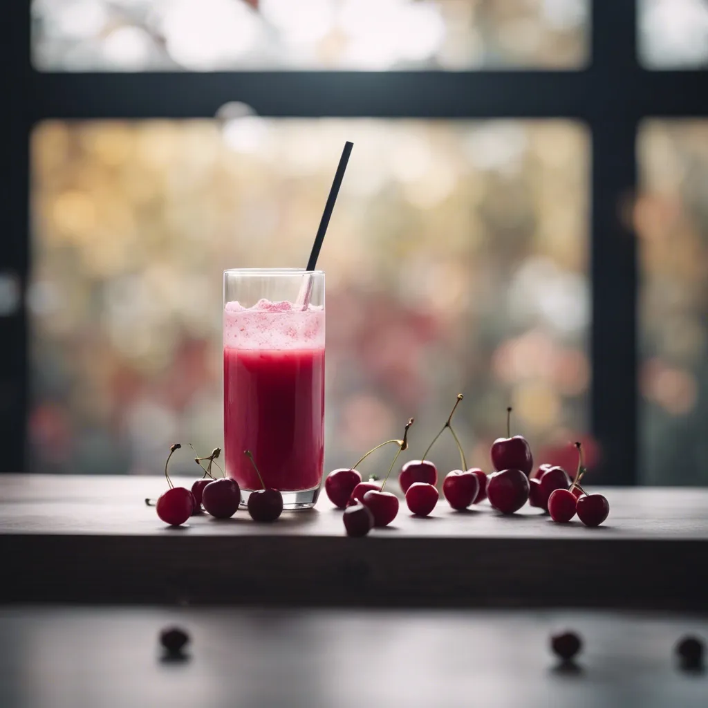 A half drunken glass of cherry smoothie and fresh cherries scattered around it. 