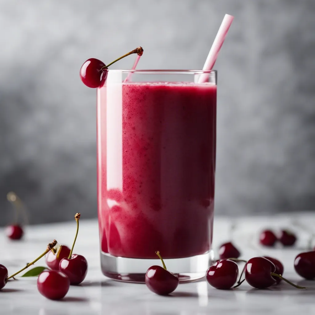 A delicious glass of cherry smoothie with topped with a single fresh cherry. 