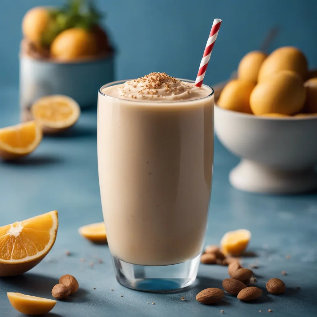 A savoury chicken smoothie in a glass, with a red and white stripped straw.