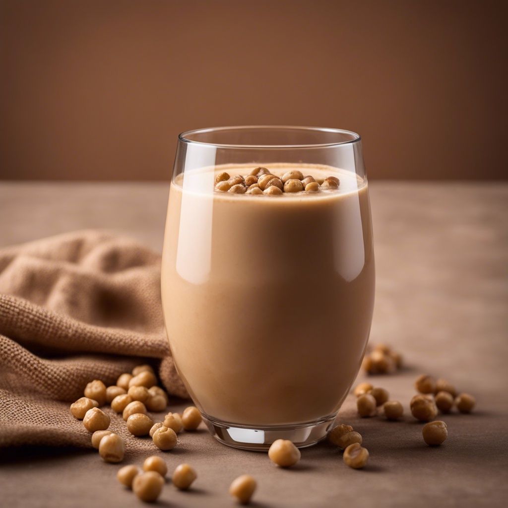 A creamy and smooth chickpea smoothie in a glass, topped with a sprinkle of cinnamon and chickpeas