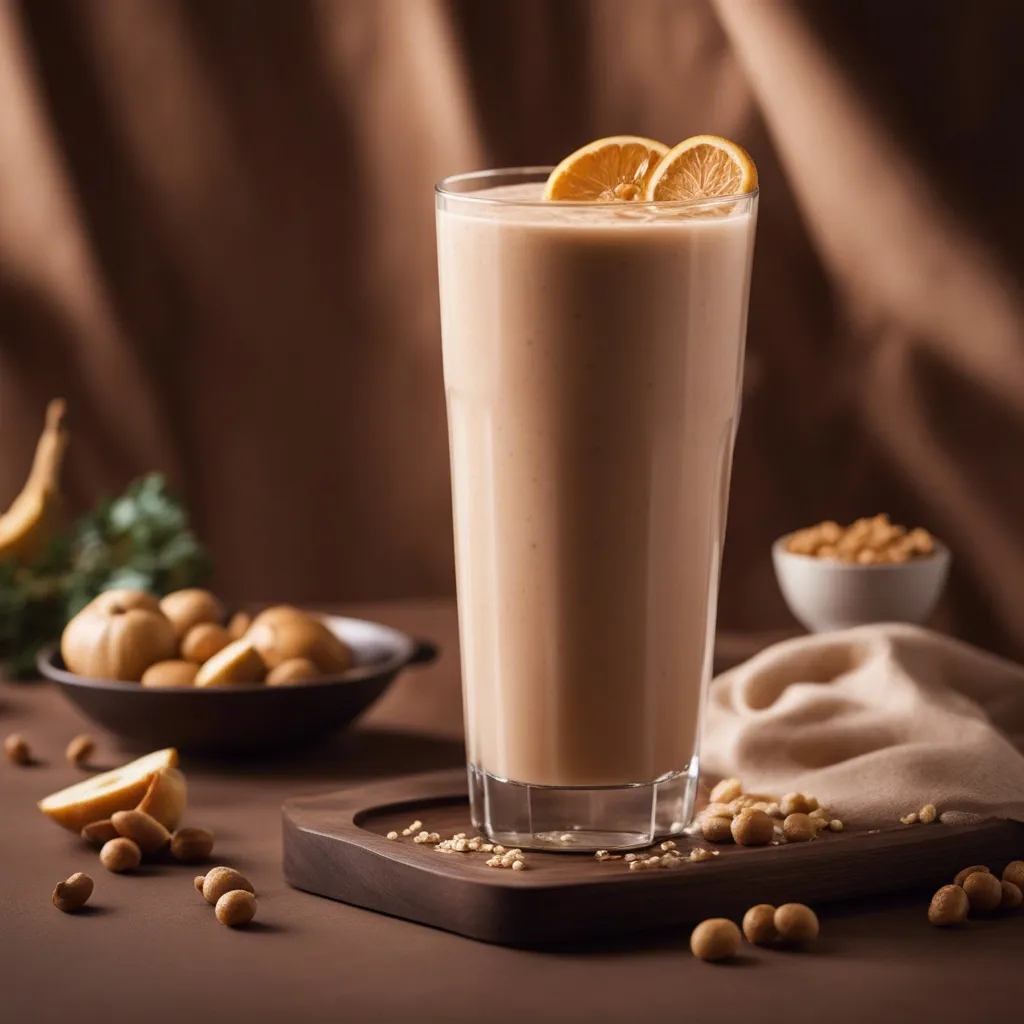 view of the creamy chickpea smoothie, in a tall glass with orange as garnish