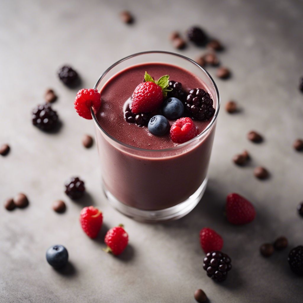 Rich chocolate berry smoothie topped with fresh raspberries, blueberries, and blackberries on a textured grey surface with scattered coffee beans.