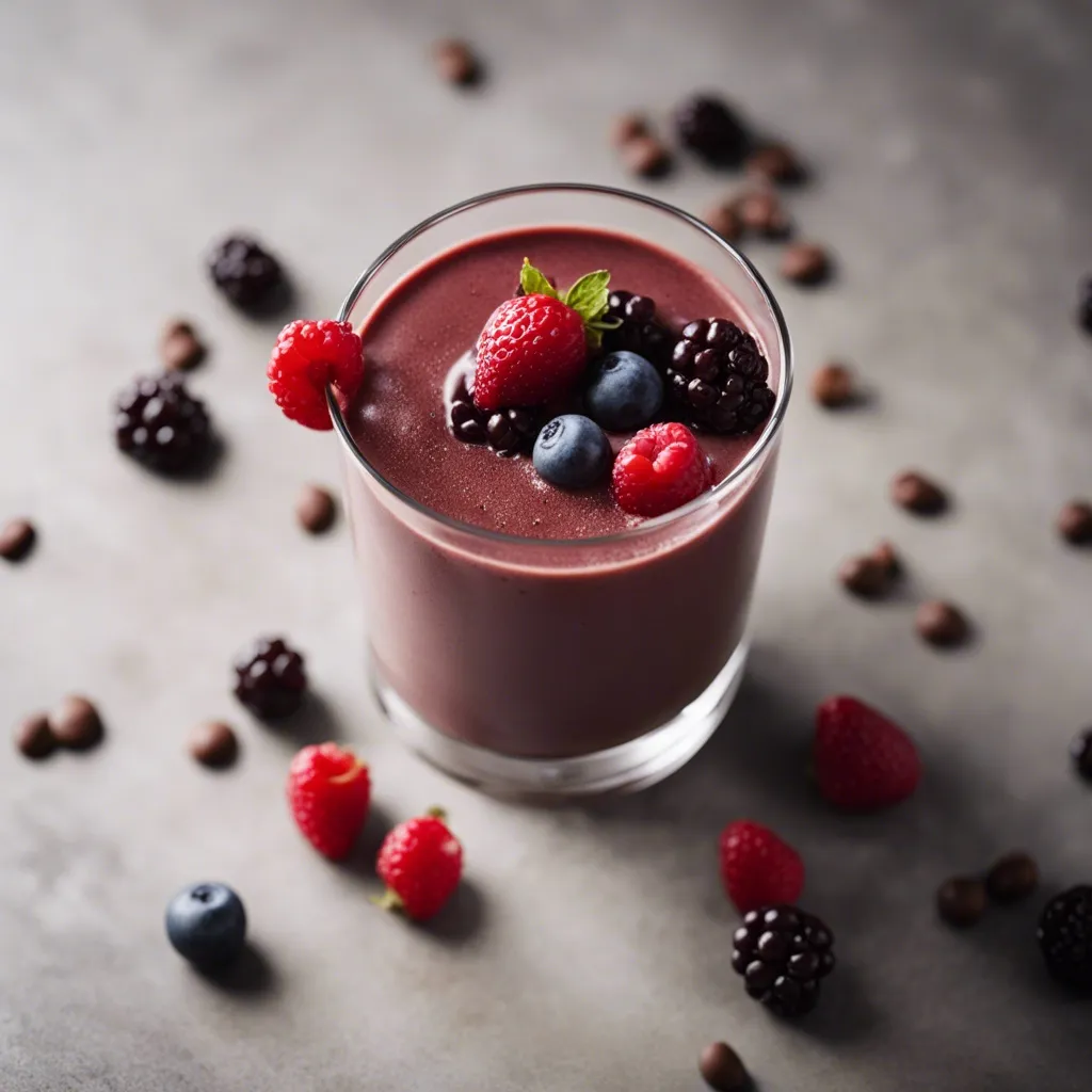 Rich chocolate berry smoothie topped with fresh raspberries, blueberries, and blackberries on a textured grey surface with scattered coffee beans