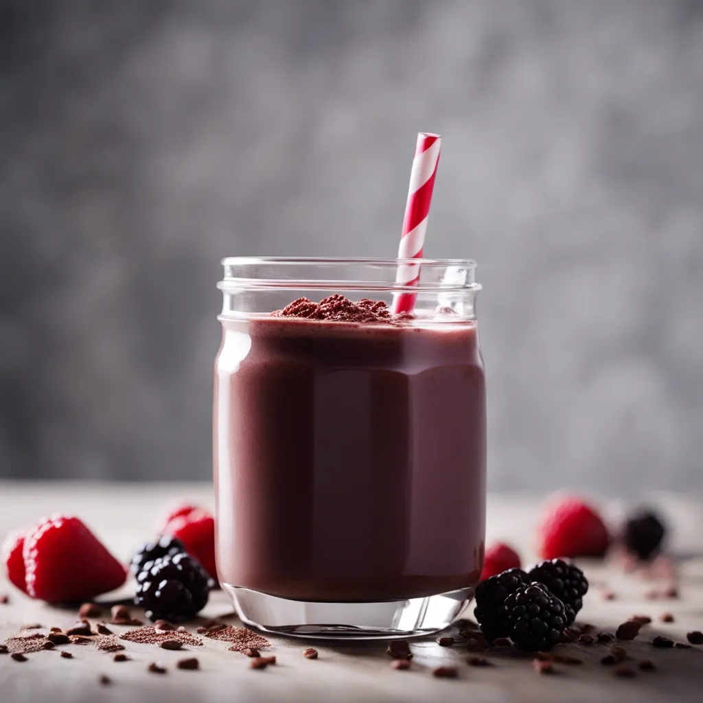 Dark chocolate berry smoothie in a mason jar with a red and white straw, dusted with chocolate shavings and surrounded by fresh berries.