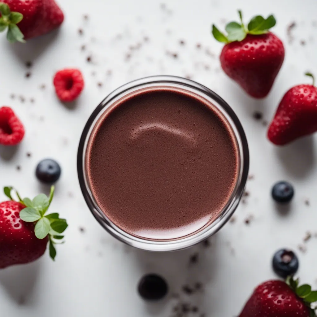 Top view of a creamy chocolate berry smoothie, with a smooth surface surrounded by fresh strawberries, raspberries, blueberries, and chocolate sprinkles.