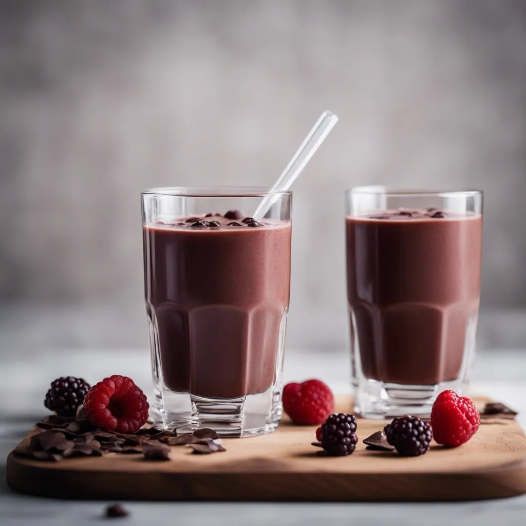 Two glasses of chocolate berry smoothie with white straws, garnished with chocolate chips and fresh raspberries and blackberries on a wooden cutting board.