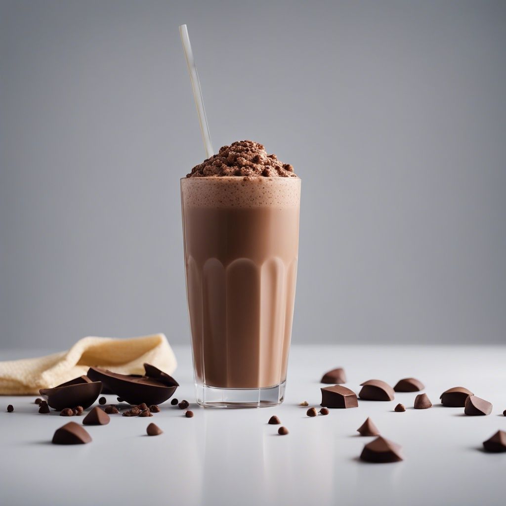 A tall glass of creamy chocolate milk smoothie topped with chocolate shavings, with chocolate pieces and chocolate chips scattered around on a light surface