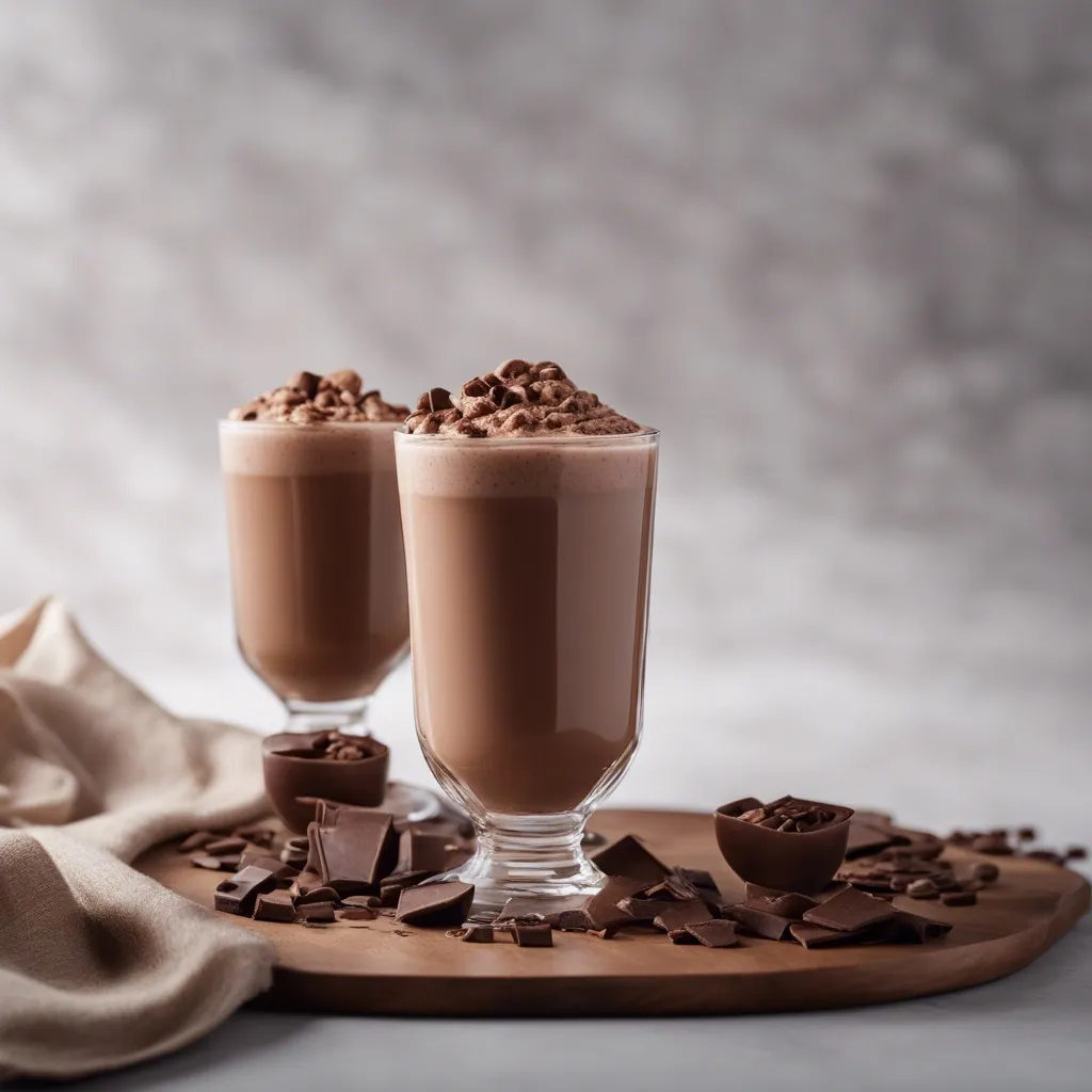 Two glasses of chocolate milk smoothie on a wooden tray with chocolate shavings on top, surrounded by chocolate pieces and a beige cloth in the background