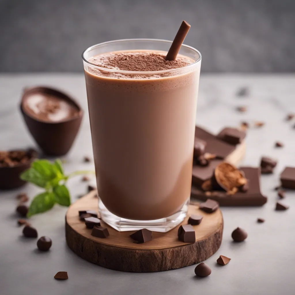 A glass of chocolate milk smoothie with a chocolate stick, chocolate shavings on top, surrounded by chocolate pieces and chocolate chips on a wooden board