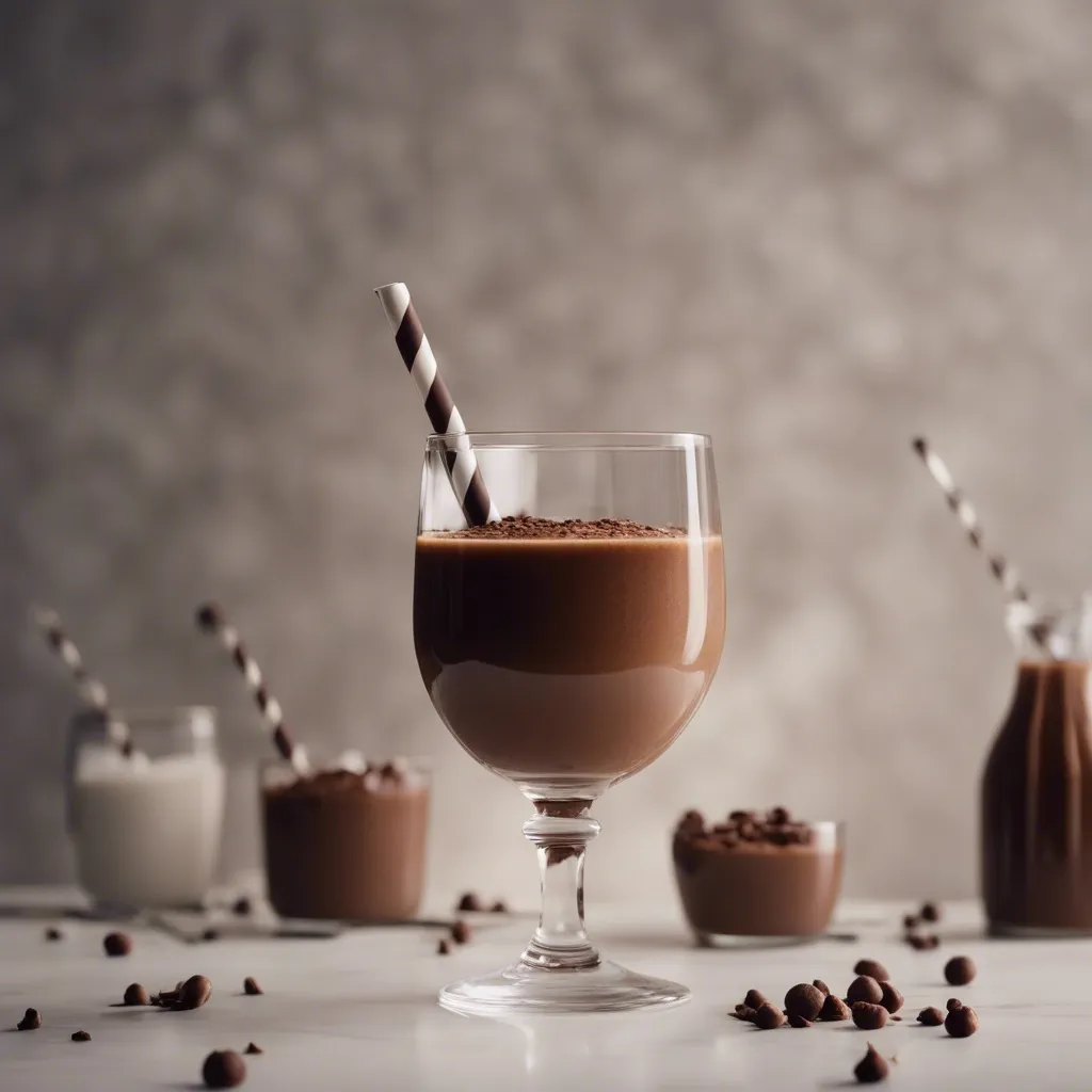 Rich and creamy chocolate smoothie in a fancy glass with a black and white straw and garnished with chocolate powder.