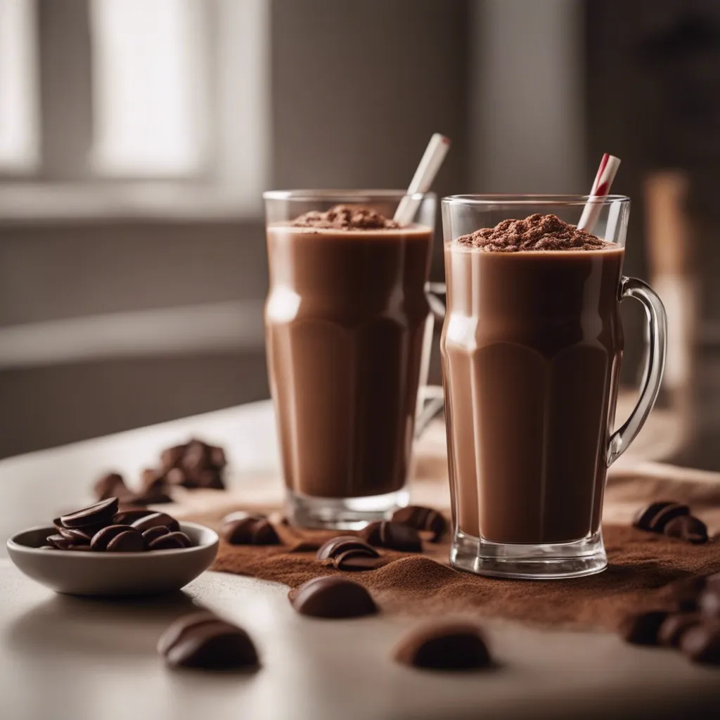 Two chocolate smoothies ready to serve and garnished with chocolate powder and surrounded by pieces of chocolate.