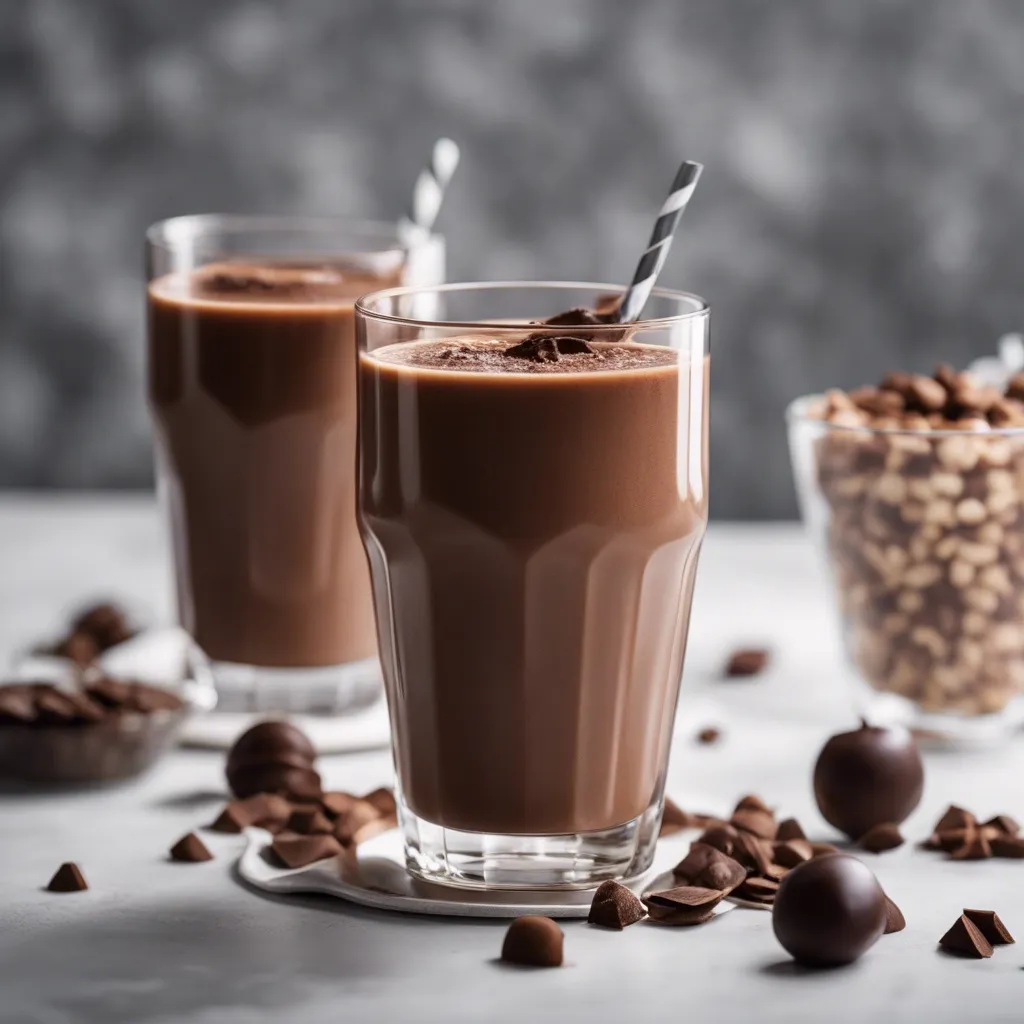 Two chocolate smoothies with black and white straws garnished with chocolate and surrounded by even more chocolate.