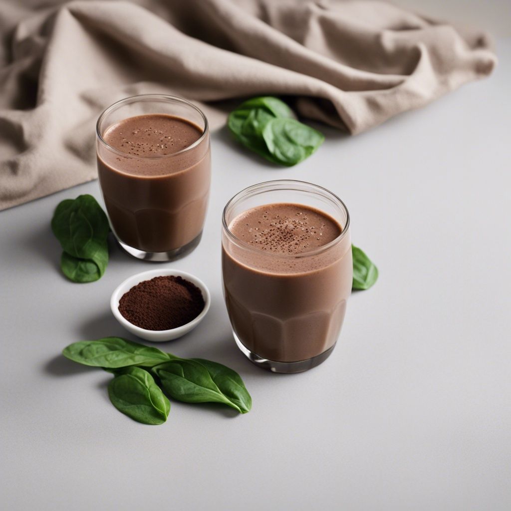 Two glasses of chocolate spinach smoothie with a small bowl of cocoa powder and fresh spinach leaves on a light surface with a beige cloth in the background