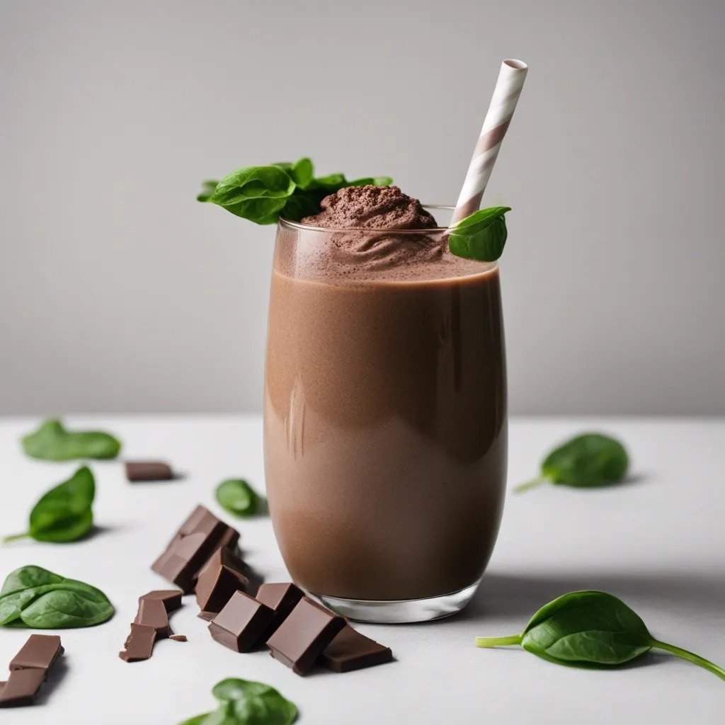 A glass of chocolate spinach smoothie topped with a dollop of chocolate cream, a straw, with chocolate pieces and fresh spinach leaves scattered around on a light surface