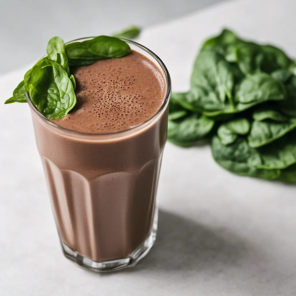 A glass of chocolate spinach smoothie with fresh spinach leaves to the side on a light surface