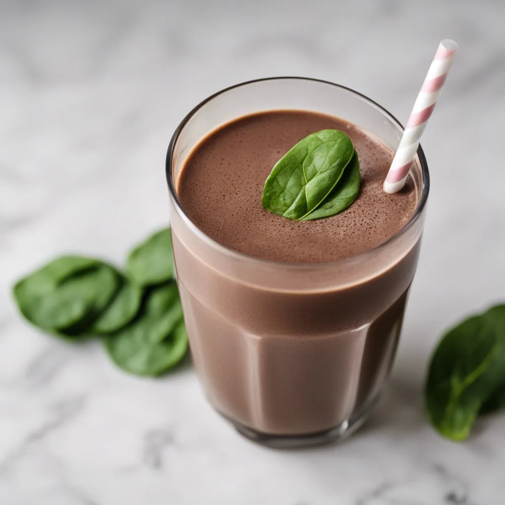 A glass of chocolate spinach smoothie with a straw and a spinach leaf as garnish, placed on a marble surface with scattered spinach leaves